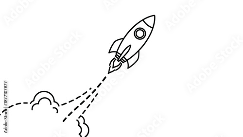 Line art of a rocket ship launching into space with a dotted exhaust trail represents a startup, mission, or speed for ambitious projects.