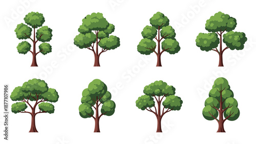 Set of eight detailed green deciduous trees with brown trunks represents a forest, natural landscape, and botany for environmental design.