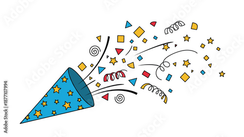 Blue party popper with yellow stars emitting a burst of colorful confetti represents a birthday party, joy, and festive fun for all ages.