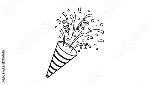 Simple black and white line art of a party popper bursting with confetti represents a festive event, celebration, or special holiday party.