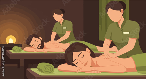 Serene spa scene illustration featuring people enjoying therapeutic massages, promoting relaxation, well-being, and a luxurious self-care experience