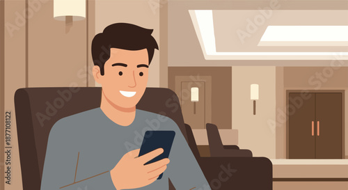 A smiling man in a comfortable chair holding a smartphone and browsing the internet indoors