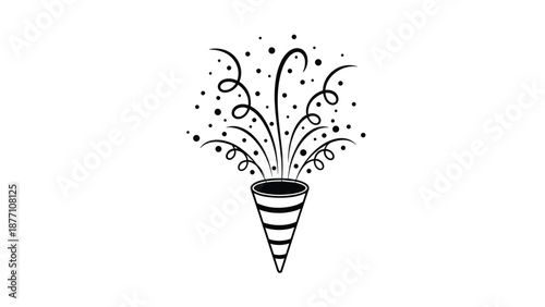 Black and white line art of a party popper exploding with confetti and swirls represents celebration and joy for a special holiday event.