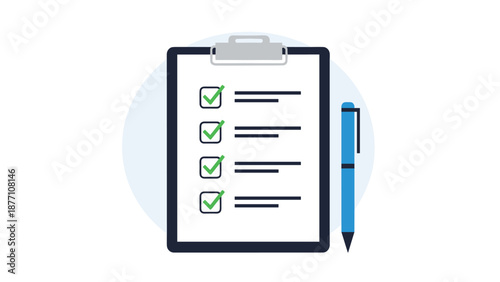 Clipboard featuring a checklist with green check marks and a blue pen symbolizing task completion and project management.