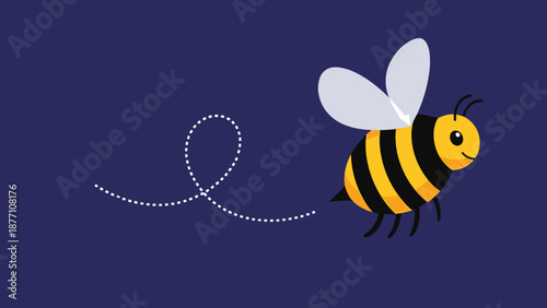 Cute cartoon honey bee flying through the air leaving a dashed flight path trail against a solid dark blue background.