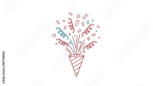 Stylized party popper with red and blue outlined confetti and streamers exploding upward for a festive celebration theme.