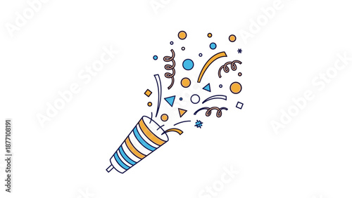 Festive party popper shooting out blue and gold confetti including circles and spirals for celebratory event announcements.