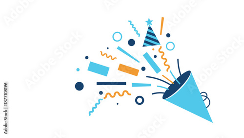 Colorful party popper throwing out blue and orange geometric confetti and stars to represent a joyful celebration or event.