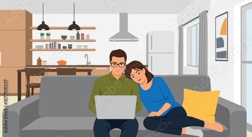 A modern couple unwinds at home, blending relaxation and digital engagement as one partner works on a laptop while the other rests, illustrating contemporary domestic life and work-life harmony