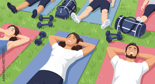 Diverse group of men and women relaxing on yoga mats outdoors after a challenging fitness session, enjoying a peaceful moment of recovery and well-being in nature amidst their workout equipment