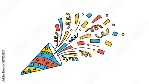 Blue and yellow striped party popper with red stars discharging vibrant colorful confetti and streamers for festive events.