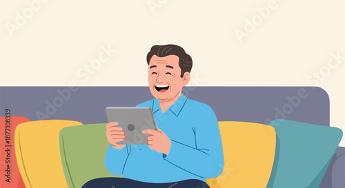 Happy middle-aged man relaxing on a sofa and enjoying content on a tablet computer, looking amused and engaged
