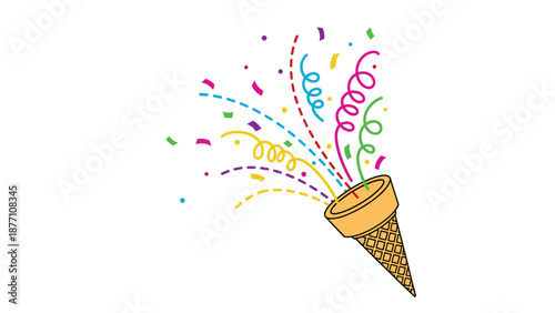 Golden party popper with a waffle pattern releasing vibrant multicolored confetti and long curly streamers on white background.