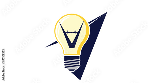 Glowing yellow light bulb featuring a V-shaped filament set against a dark blue triangular background for ideas and innovation.