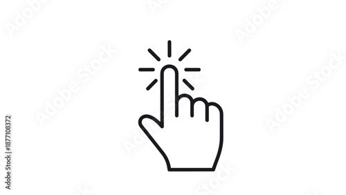 Black and white line art of a hand cursor with the index finger clicking, surrounded by radiating action lines.