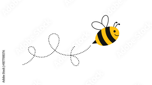 Adorable cartoon honey bee flying along a dashed loop-de-loop flight path on a clean white background for education and kids.