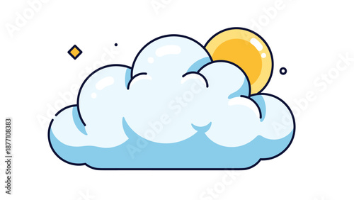 Fluffy white and blue cloud with a bright yellow sun peeking from behind in a clean and friendly flat illustration style.