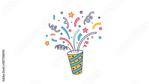 Blue and yellow striped party popper with colorful stars, confetti, and streamers shooting upward for birthday celebrations.