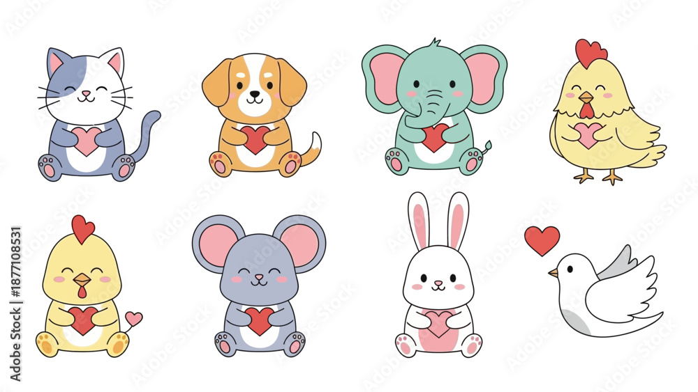 Fototapeta premium Cartoon Animals Holding Hearts in Various Poses.