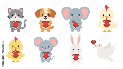 Cartoon Animals Holding Hearts in Paws.
