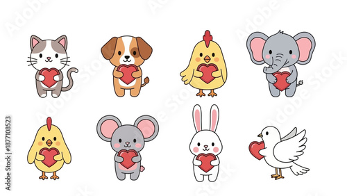 Cartoon Animals Holding Hearts in Paws.
