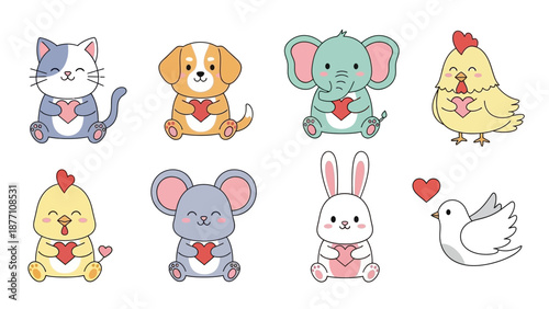 Cartoon Animals Holding Hearts in Various Poses.