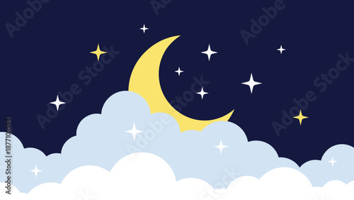 Peaceful night sky scene featuring a yellow crescent moon nestled among fluffy blue clouds and twinkling stars on a navy backdrop.