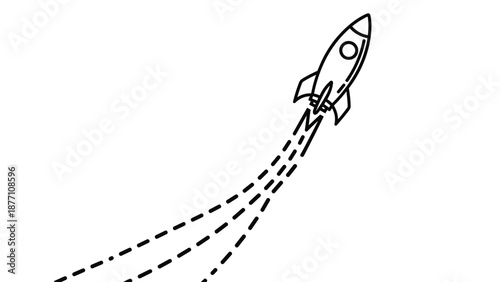 Simple black and white line drawing of a rocket ship taking off into the sky with dashed lines showing its path and propulsion.