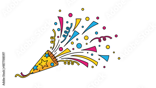 Festive party popper with colorful stars and streamers bursting out against a white background to mark joyful celebrations and events.
