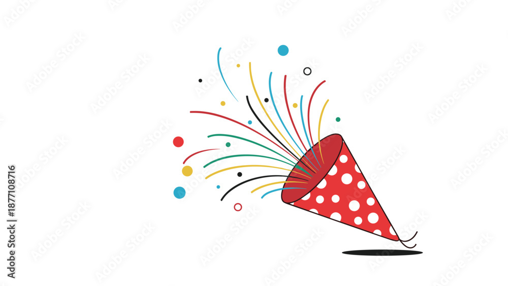 Obraz premium Red party popper with white polka dots releasing vibrant streamers and confetti for a joyful and celebratory atmosphere.