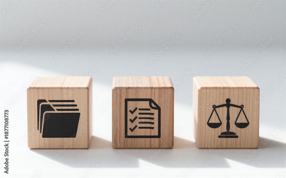 Obraz premium Three wooden blocks symbolize law, documentation, and justicerepresenting legal process or compliance.