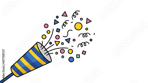 Blue and yellow striped party popper bursting with colorful confetti and stars to celebrate birthdays and happy festive events.