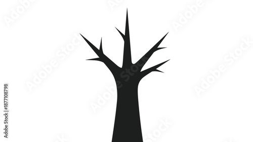 Stark black silhouette of a bare tree with sharp branches positioned vertically in the center of a white background for themes.