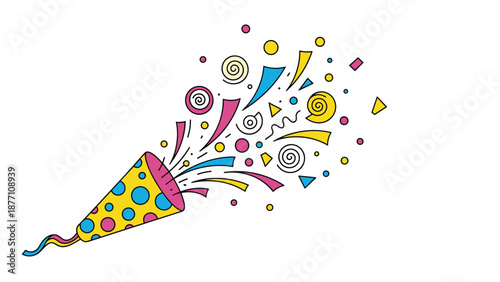 Yellow party popper with blue polka dots and a pink rim shooting out colorful confetti and curly streamers for a celebration.