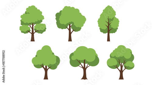 Set of six different green tree illustrations with brown trunks and various canopy shapes for landscape and park designs.