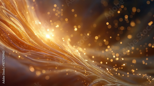 Abstract Flow of Energy: A radiant dance of light and ethereal forms unfolds, as streams of golden energy intertwine, creating a mesmerizing display of dynamic motion and glowing essence. 