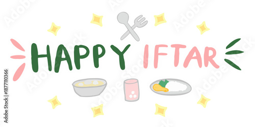 Happy Iftar Text Font PNG Transparent Hand Calligraphy with Food and Drink Stickers