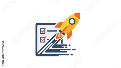 Rocket launch with checklist symbolizing startup success and project completion