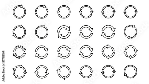 A collection of diverse circular arrow icons representing rotation, refresh, and recycling concepts in a black and white line art style