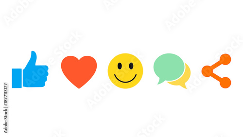 Social media icons collection including a thumbs up, heart, smiley face, chat bubbles, and share icon on a white background