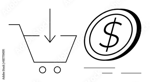 E-commerce, financial transactions, online purchase, shop icons, digital business, retail market. Shopping cart with download arrow and dollar coin graphic. E-commerce and financial transactions