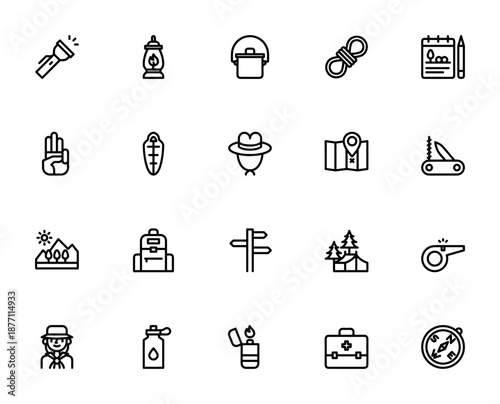 Scout_9131 icon set. Camping and outdoor vector icons pack. Includes flashlight, lantern, tent, backpack, compass, map, sleeping bag and more. Editable stroke.
