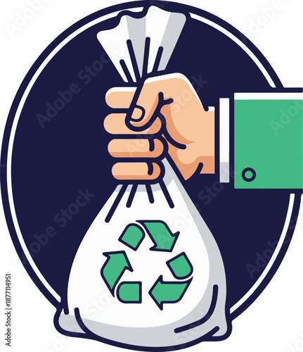 A circular vector graphic of a hand in a green suit sleeve firmly holding a white bag marked with a green recycling symbol, representing professional waste management.