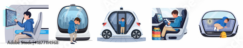 Bild auf Leinwand Various scenarios of a young passenger utilizing technology and comfort inside an autonomous self-driving vehicle, navigating the future of transport