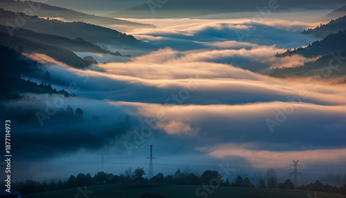 A scenic view of mountains with clouds and fog during sunrise or sunset.