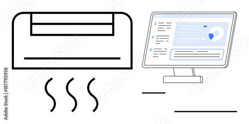 Smart home, air conditioning, data analysis, comfort management, climate control, energy efficiency. Wall-mounted air conditioner with heat waves and computer screen with data graphics. Smart home