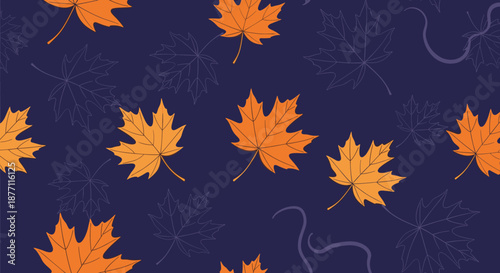 Autumnal seamless pattern with vibrant orange and outlined maple leaves scattered on a deep navy blue background for a stylish seasonal design.