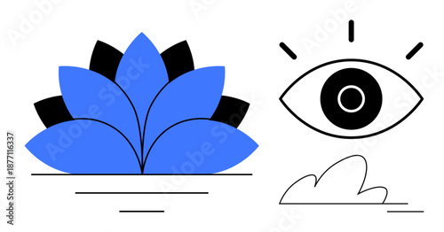 Mindfulness, awareness, tranquility, meditation, vision, harmony. Blue lotus beside an abstract eye. Mindfulness and awareness are by these simple shapes