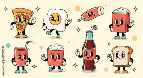 Fun set of retro mascot characters in a 30s cartoon style, featuring smiling fast food items like pizza, a fried egg, popcorn, and soda.