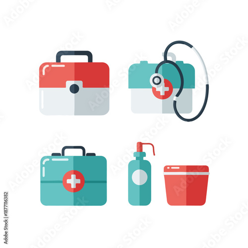 First aid kit medical supplies icons.
